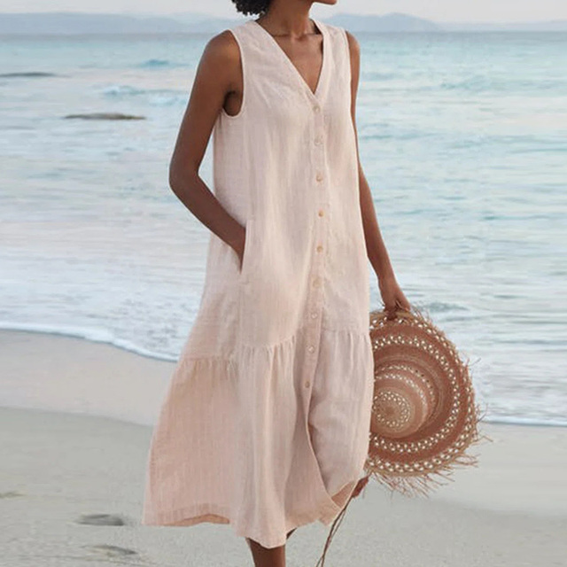 Barbara™ | Sleeveless Midi Dress with Button Detail