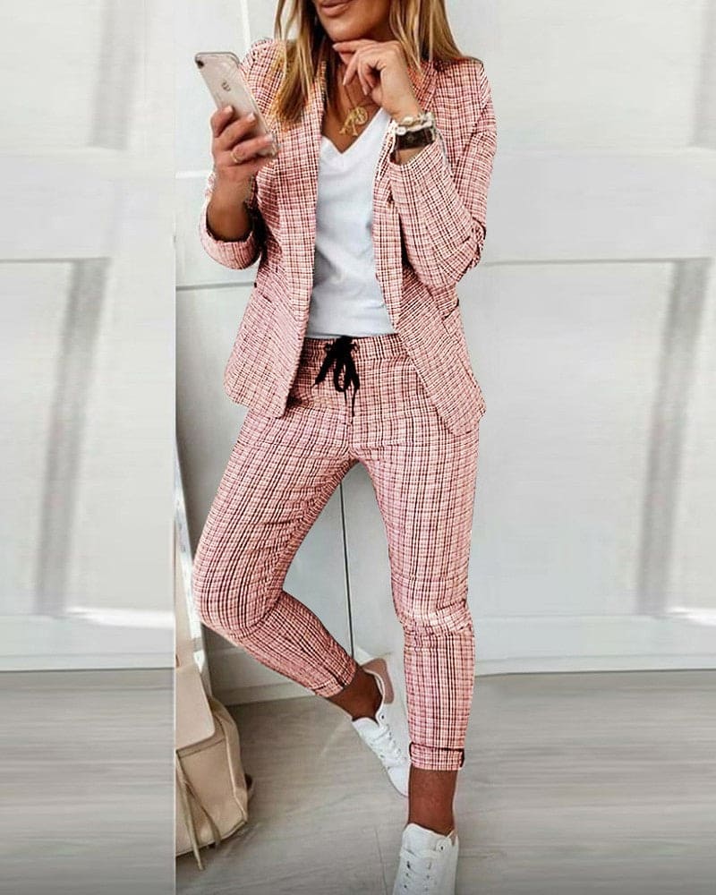 Blair | Women's Long Sleeve Plaid Blazer and Slim Pants Suit Set