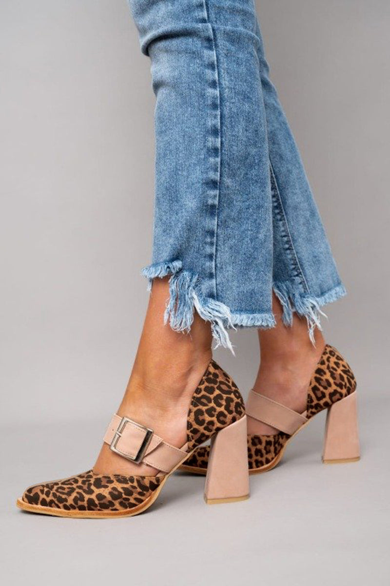 Selveta™ | Leopard Print Suede Sandals with Sturdy Heel