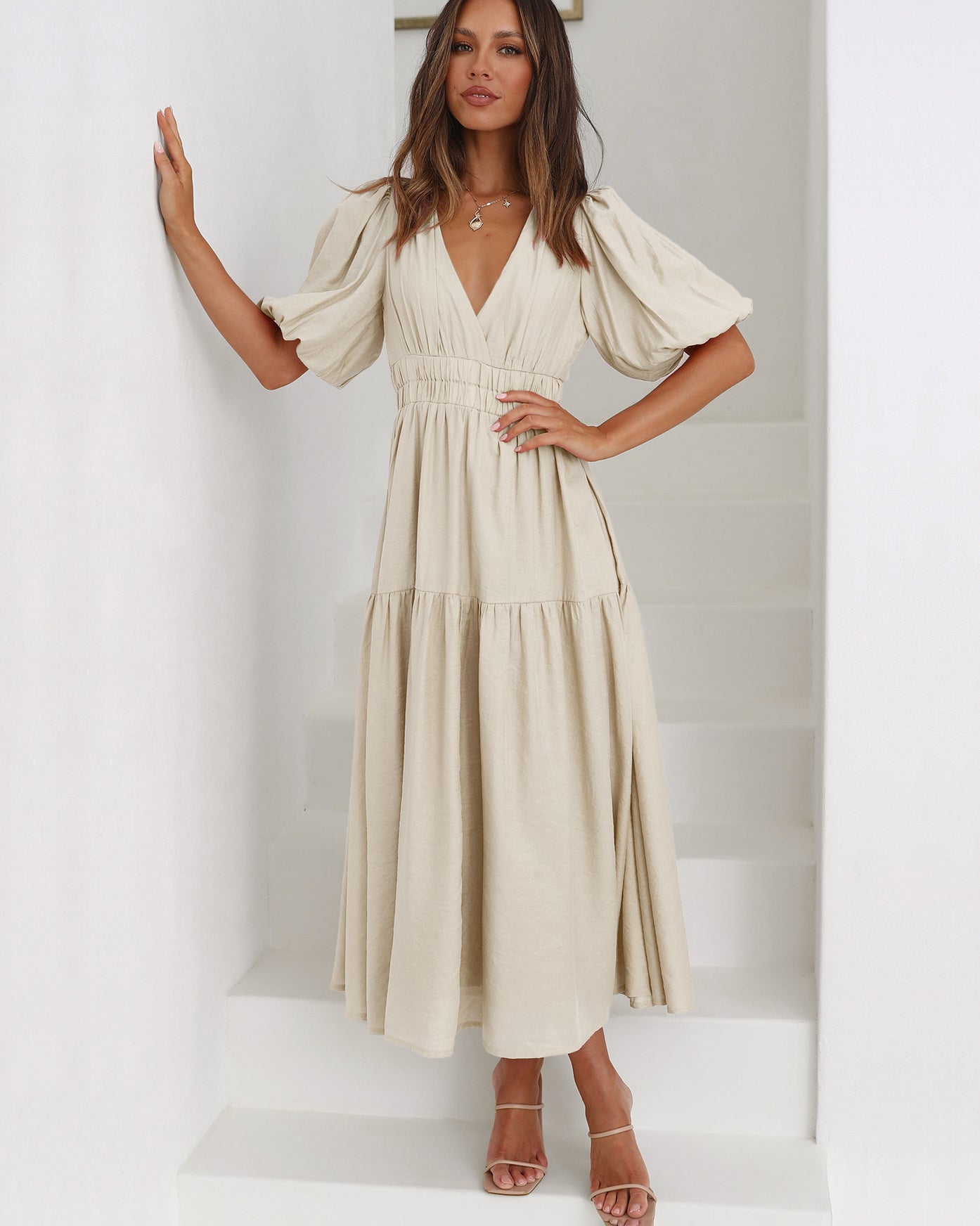 Noelle | Women's Midi Dress with V-Neck and Puff Sleeves Featuring Smocked Waist