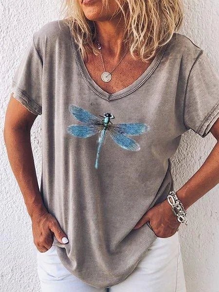 Luna | Women's Casual V-Neck Tee with Dragonfly Print and Short Sleeves