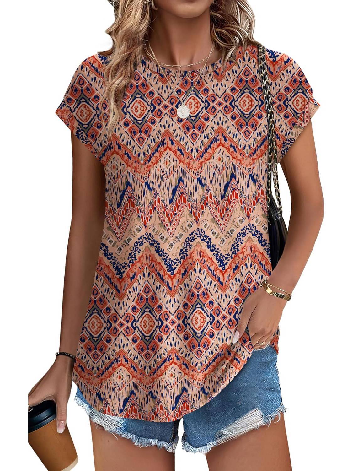 Meadow | Women's Casual Cap Sleeve Top with Leaf Print and Crew Neck