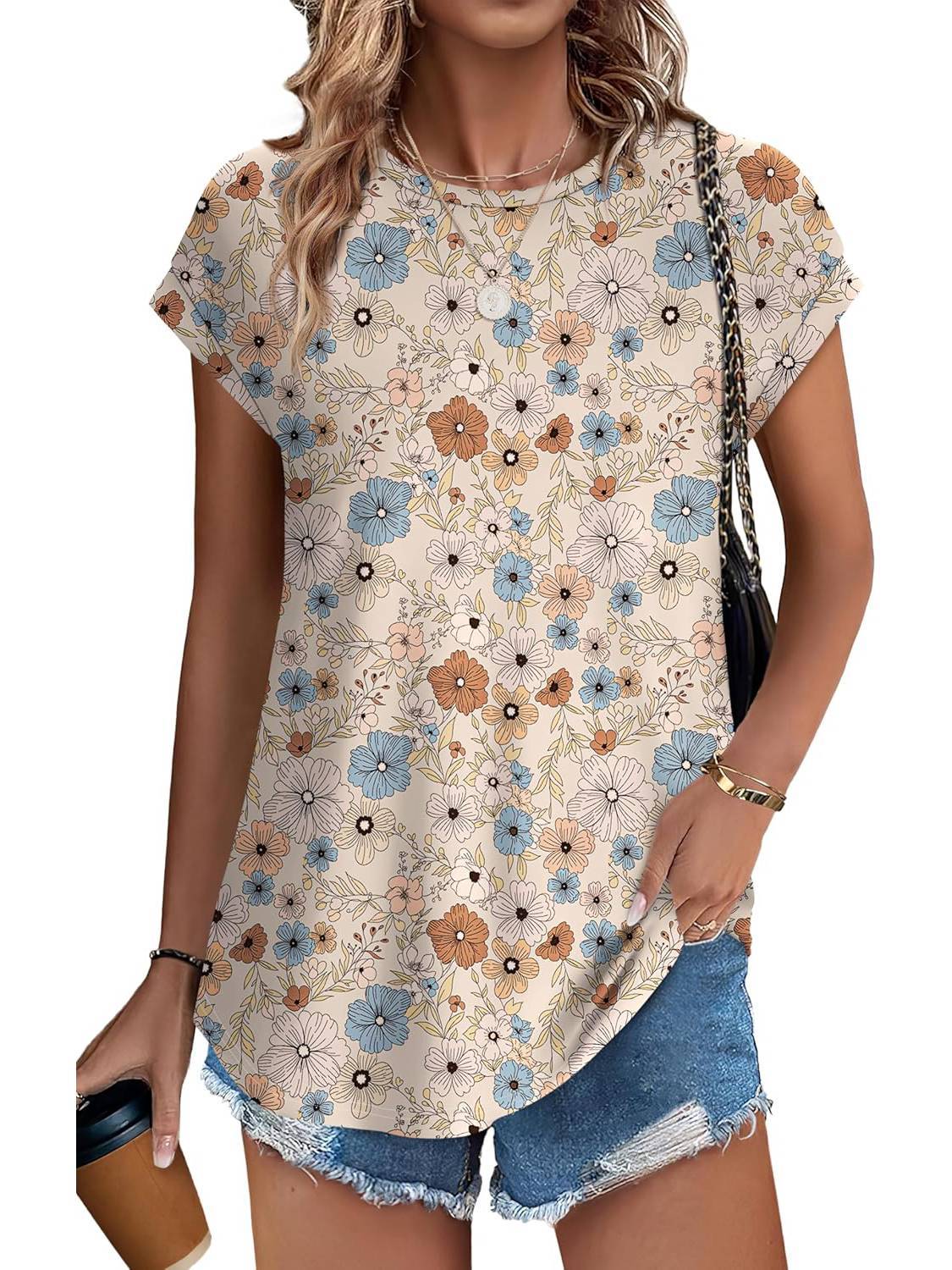 Meadow | Women's Casual Cap Sleeve Top with Leaf Print and Crew Neck