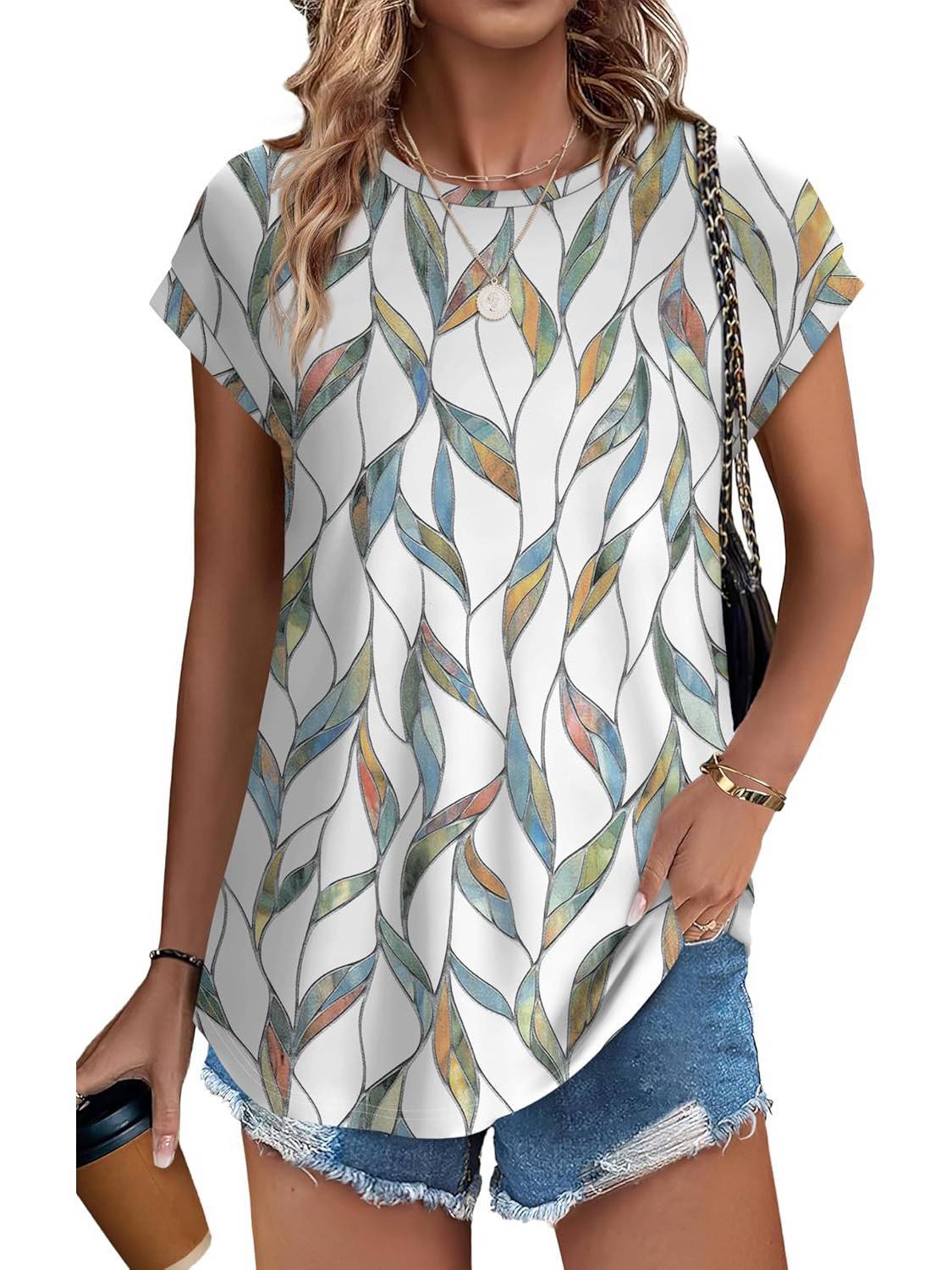 Meadow | Women's Casual Cap Sleeve Top with Leaf Print and Crew Neck