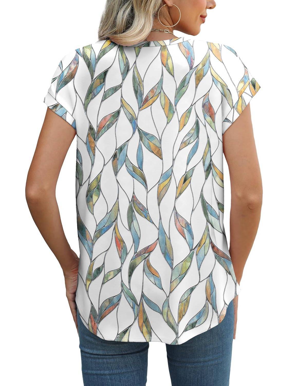 Meadow | Women's Casual Cap Sleeve Top with Leaf Print and Crew Neck