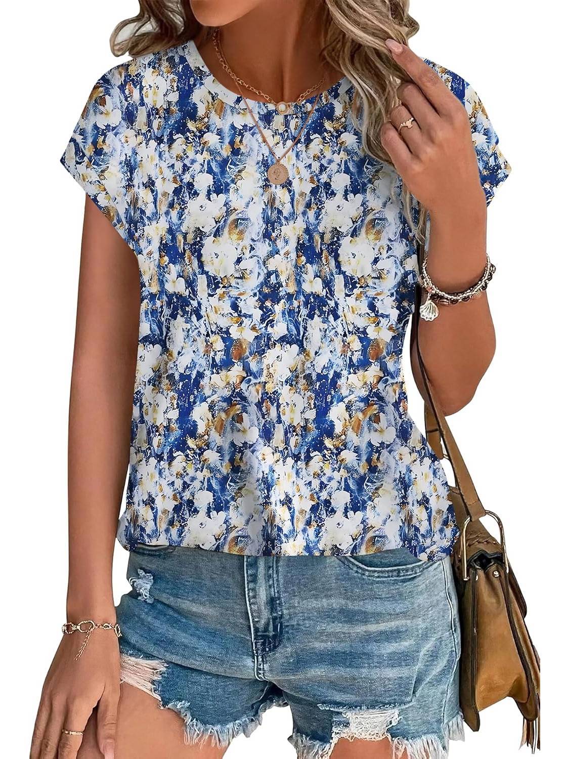 Meadow | Women's Casual Top with Leaf Print and Cap Sleeves