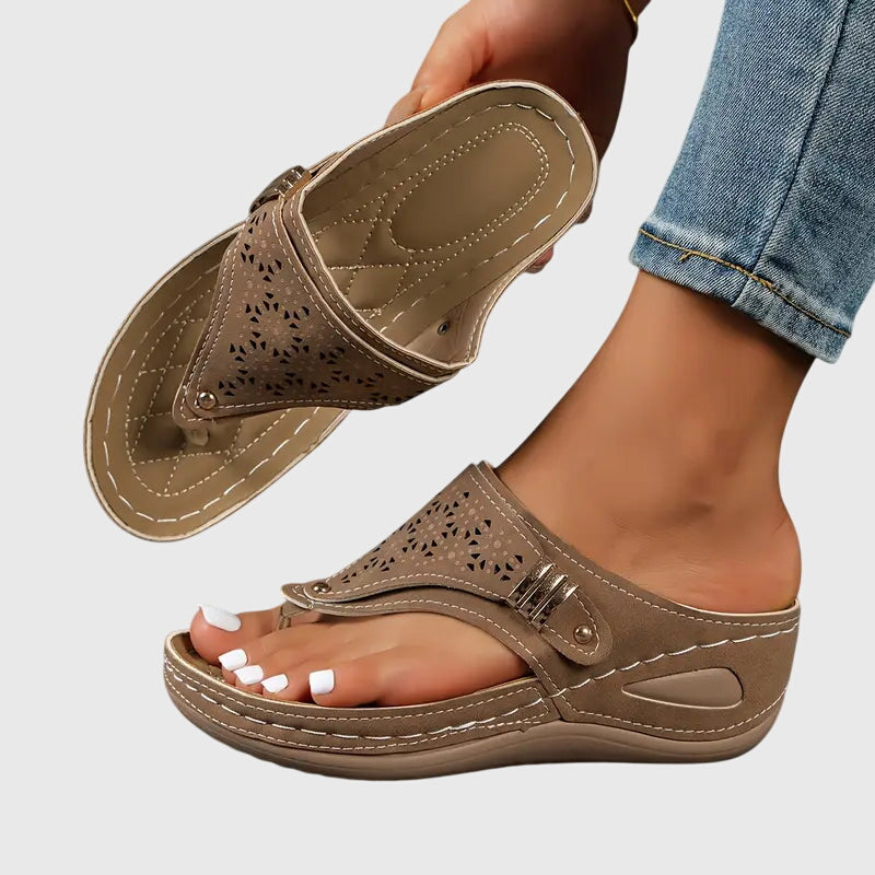 Cleo | Women's Laser Cut Detail Wedge Sandals with Toe Loop