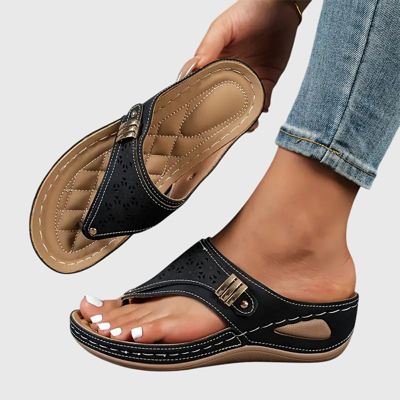 Cleo | Women's Laser Cut Detail Wedge Sandals with Toe Loop