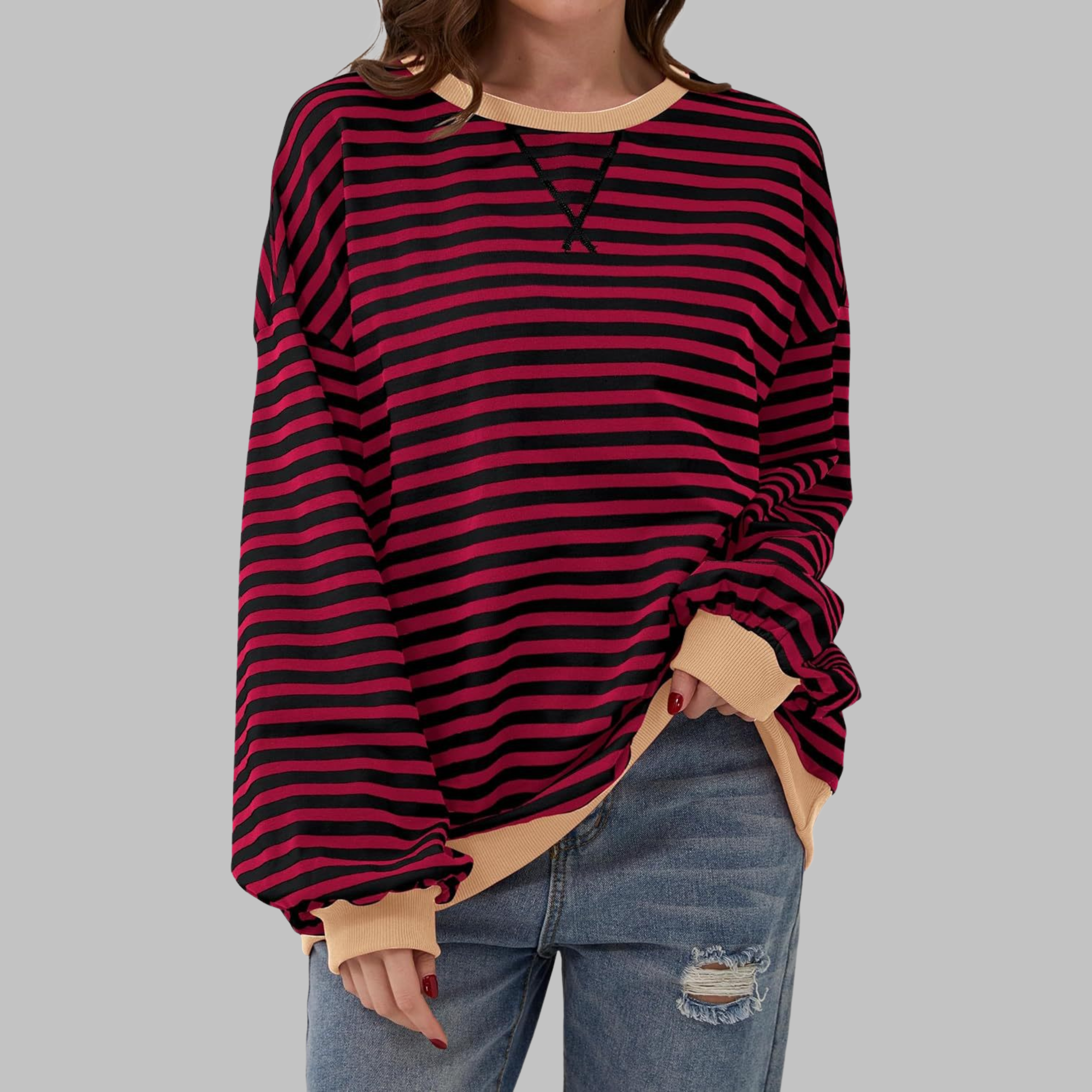 Poppy | Women's Oversized Striped Crewneck Sweatshirt with Long Sleeves