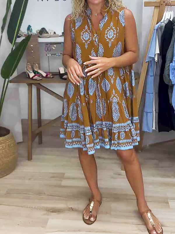 Zara | Women's Tiered Mini Dress with Boho Print and V-Neck Sleeveless Design