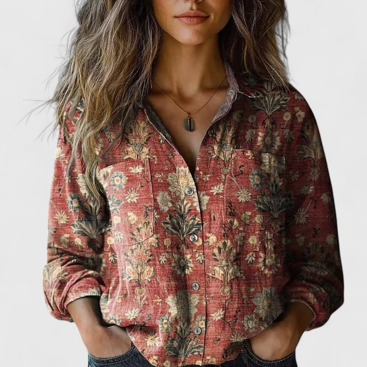 Vintage Floral Print Long Sleeve Button-Down Shirt for Women - Autumn Collection