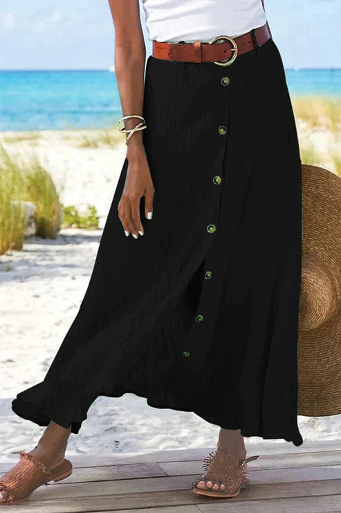 Coral Women's High-Waist Maxi Skirt with Button Front - Linen Style