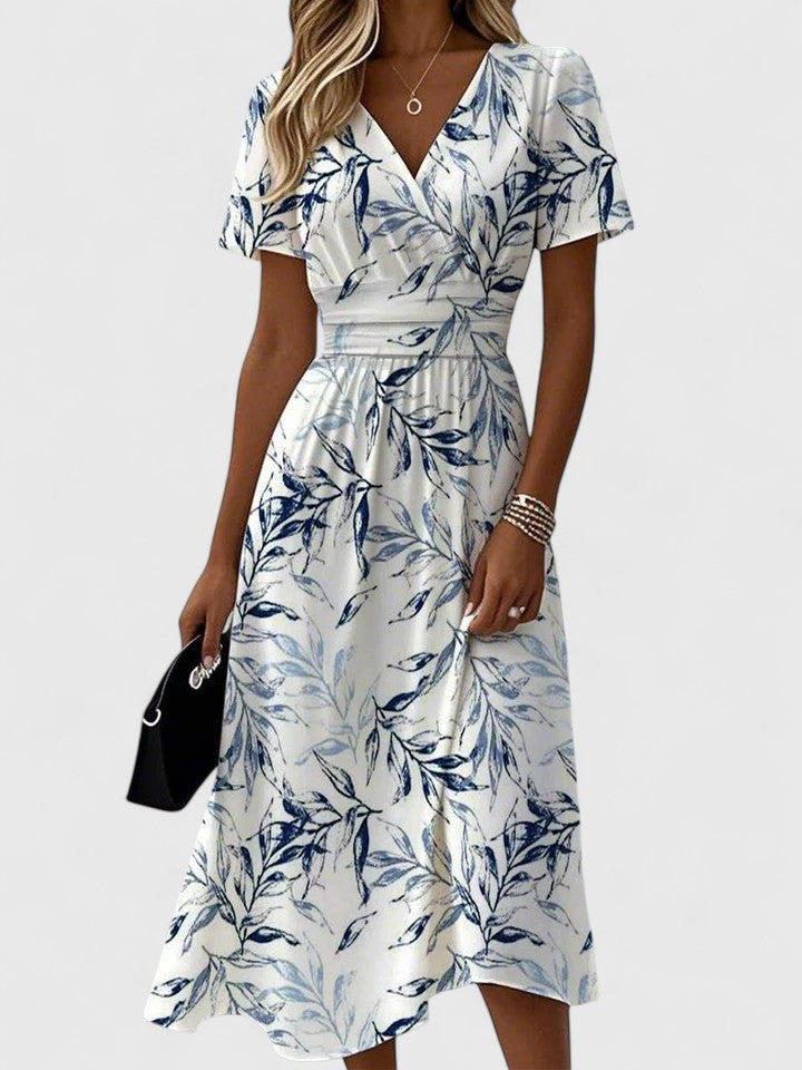 Flora | Women's Midi Dress with Floral Print, V-Neck Wrap, and Flutter Sleeves