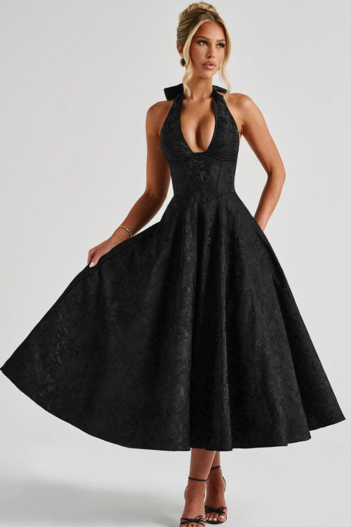 Genevieve™ | Sleeveless Jacquard Maxi Dress with V-Neck Halterneck