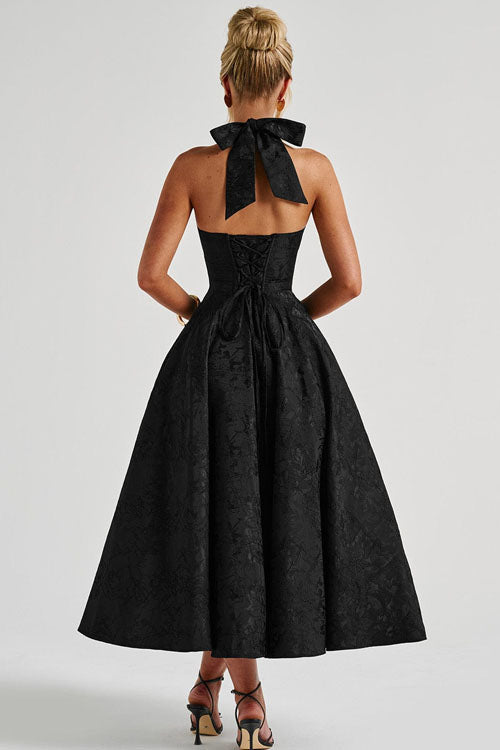 Genevieve™ | Sleeveless Jacquard Maxi Dress with V-Neck Halterneck Design