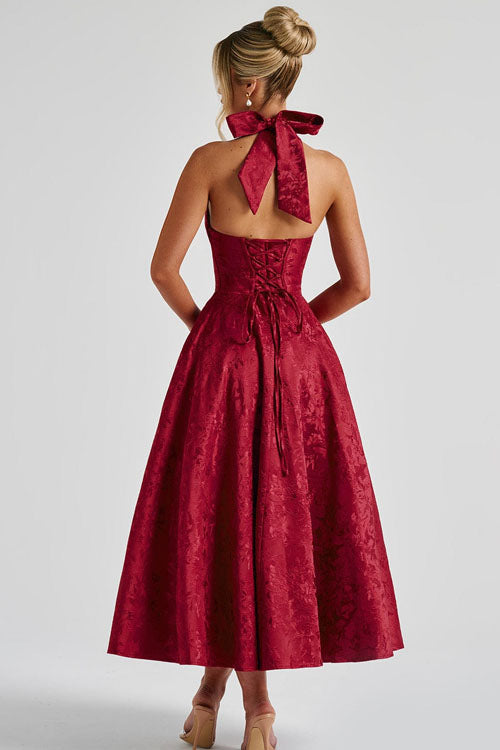 Genevieve™ | Sleeveless Jacquard Maxi Dress with V-Neck Halterneck