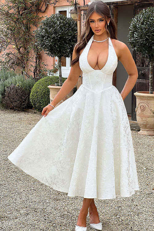 Genevieve™ | Sleeveless Jacquard Maxi Dress with V-Neck Halterneck