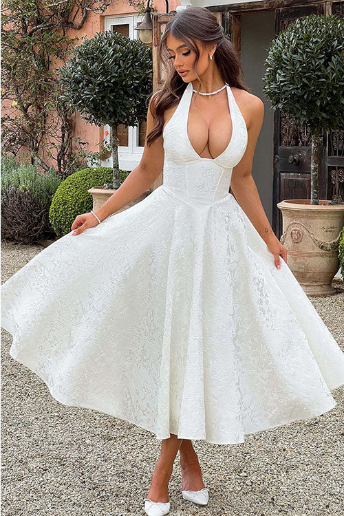 Genevieve™ | Sleeveless Jacquard Maxi Dress with V-Neck Halterneck Design