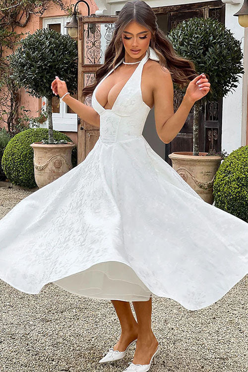 Genevieve™ | Sleeveless Jacquard Maxi Dress with V-Neck Halterneck Design