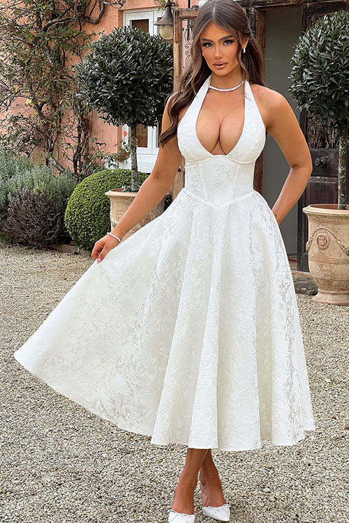 Genevieve™ | Sleeveless Jacquard Maxi Dress with V-Neck Halterneck