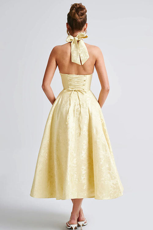 Genevieve™ | Sleeveless Jacquard Maxi Dress with V-Neck Halterneck