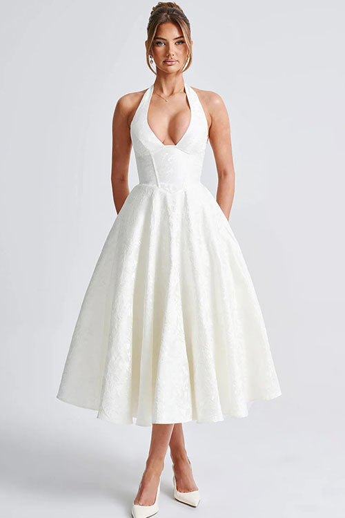 Genevieve™ | Sleeveless Jacquard Maxi Dress with V-Neck Halterneck Design