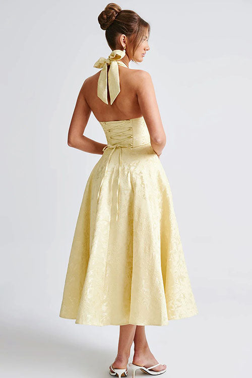 Genevieve™ | Sleeveless Jacquard Maxi Dress with V-Neck Halterneck