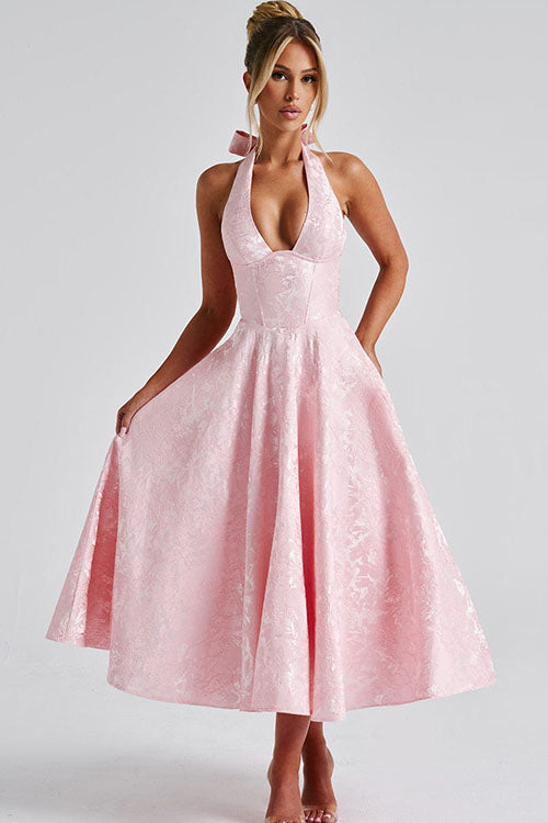 Genevieve™ | Sleeveless Jacquard Maxi Dress with V-Neck Halterneck