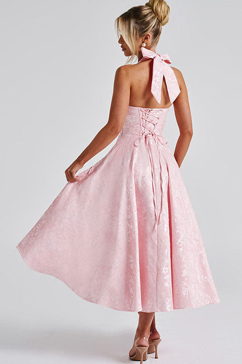 Genevieve™ | Sleeveless Jacquard Maxi Dress with V-Neck Halterneck Design