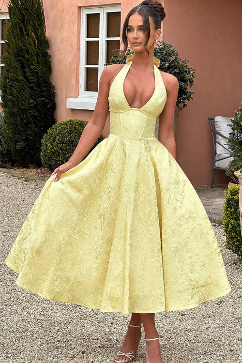 Genevieve™ | Sleeveless Jacquard Maxi Dress with V-Neck Halterneck