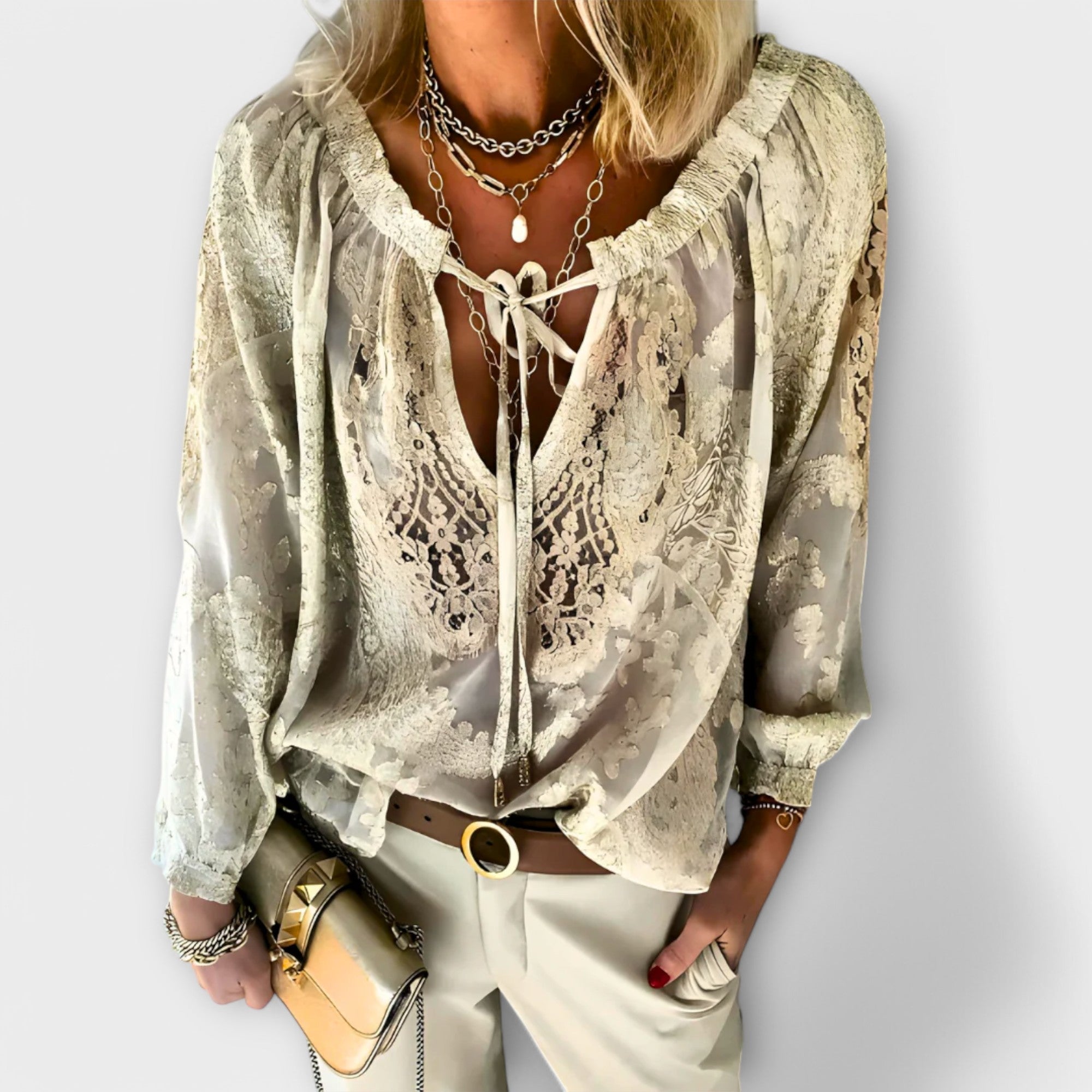 Zeleste | Boho Long Sleeve Blouse with Lace V-Neck for Women