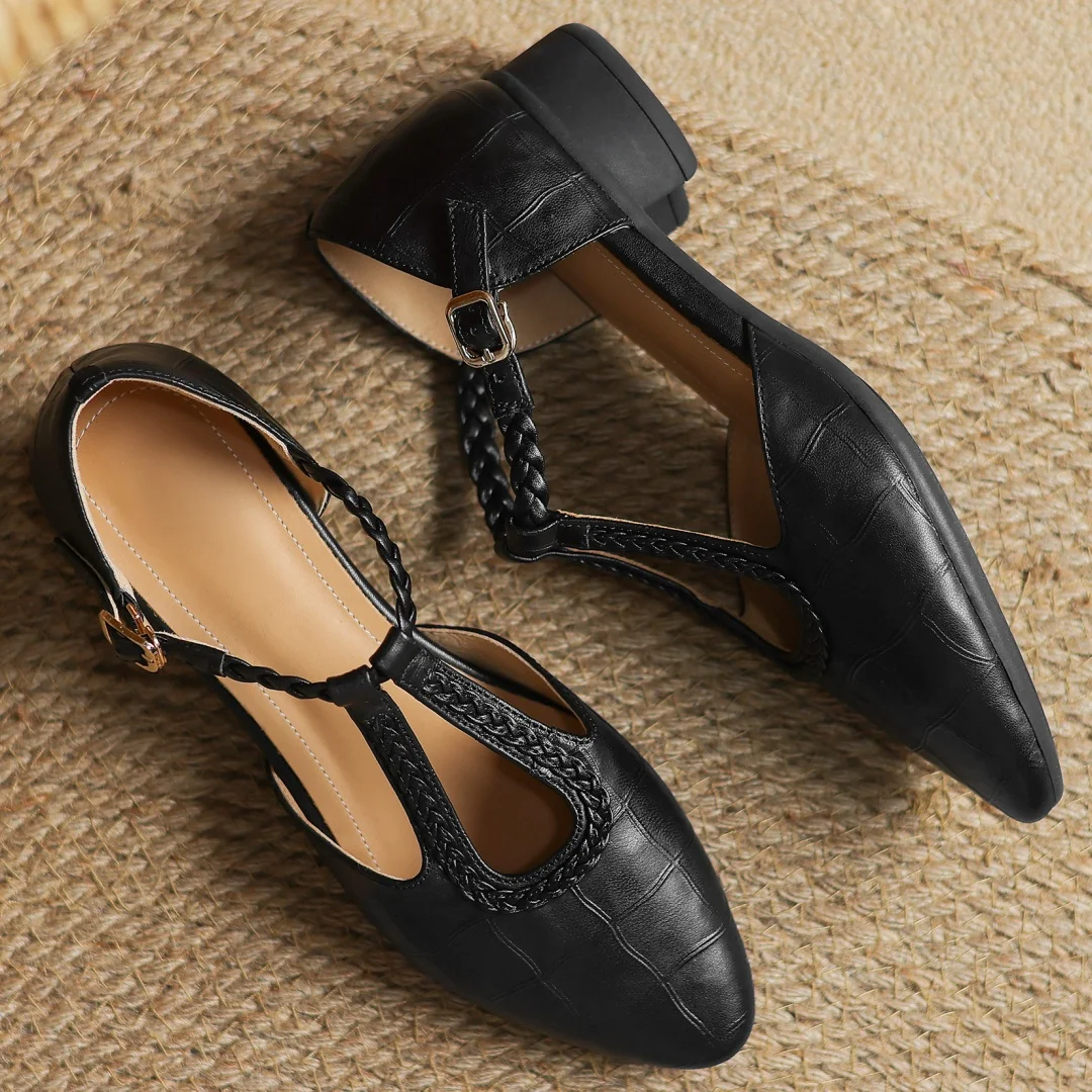 Margot | Women's Pointed Toe Leather T-Strap Mary Jane Flats