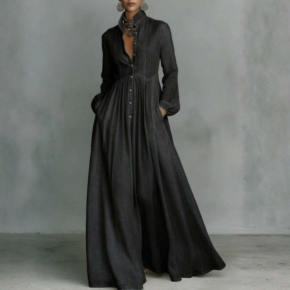 Button-Front Denim Maxi Dress