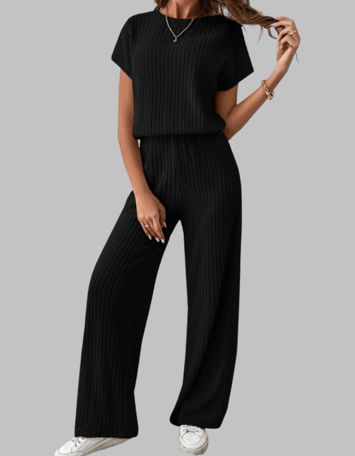 Nora | Women's Ribbed Two-Piece Set: Short Sleeve Top & Wide Leg Pants