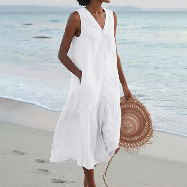 Barbara™ | Sleeveless Midi Dress with Button Detail