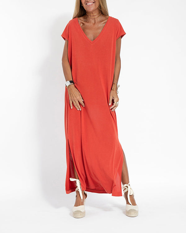 Coral Women's V-Neck Short Sleeve Maxi Dress with Side Slits