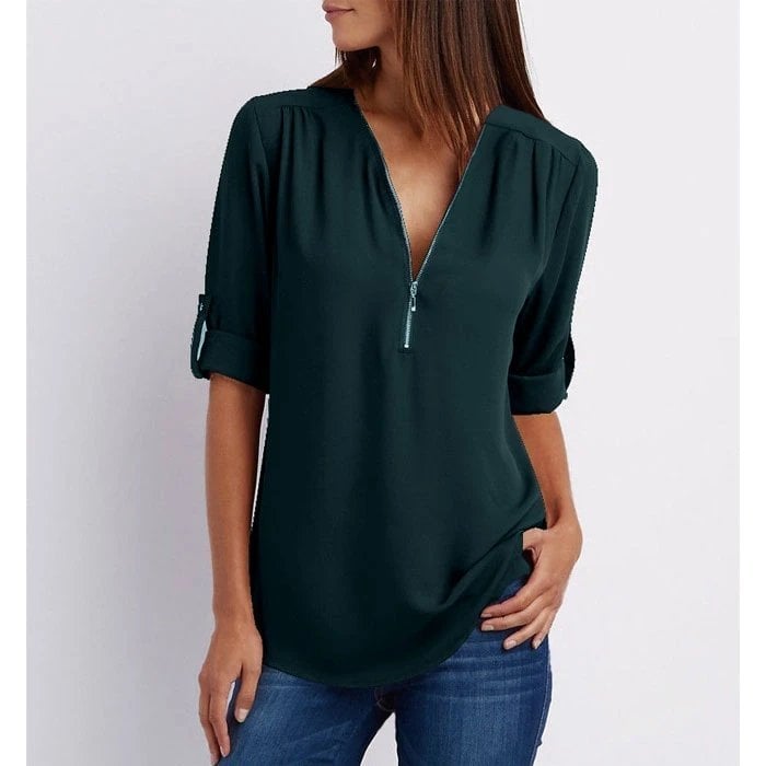 Rosé | Women's Casual Zip-Up V-Neck Blouse with Half Sleeves