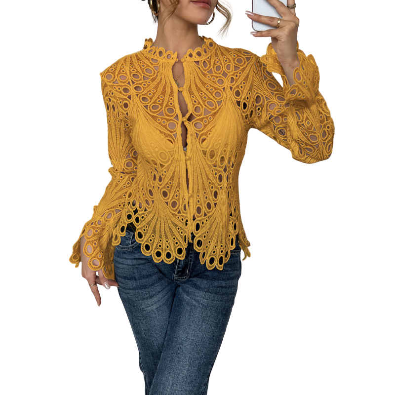 Bianca | Women's Long Sleeve Lace Cutwork Hollow Out Blouse