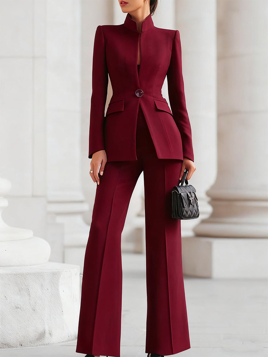 Celeste | Women's Blazer with Stand Collar & Wide Leg Pants Suit Ensemble