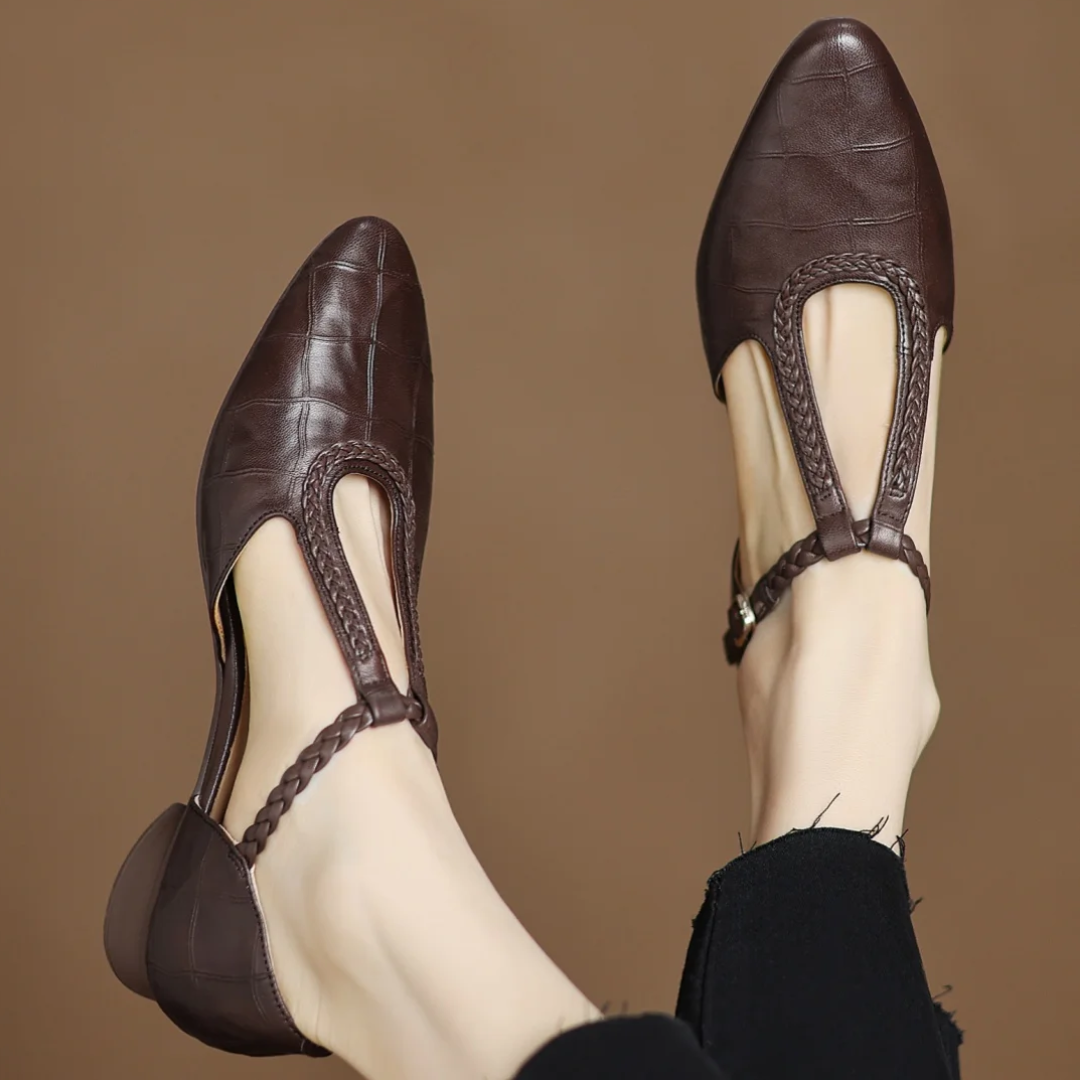 Margot | Women's Pointed Toe Leather T-Strap Mary Jane Flats