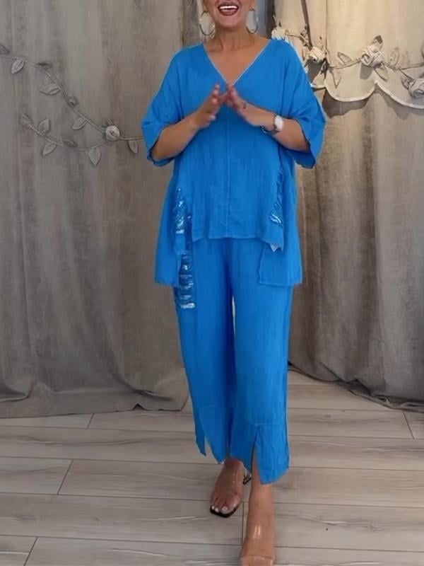 Pearl | Women's Casual V-Neck Top & Cropped Pants 2-Piece Set