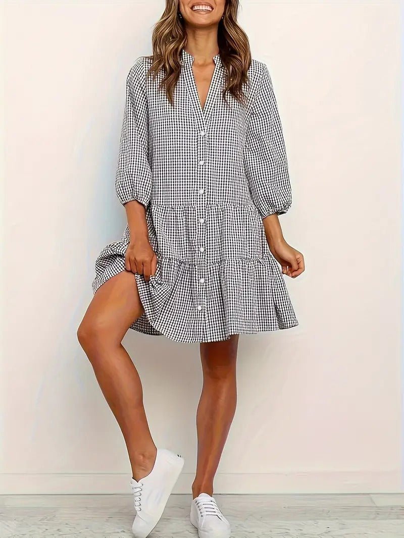 Rosie | Women's 3/4 Sleeve Gingham Print Button-Up Mini Dress