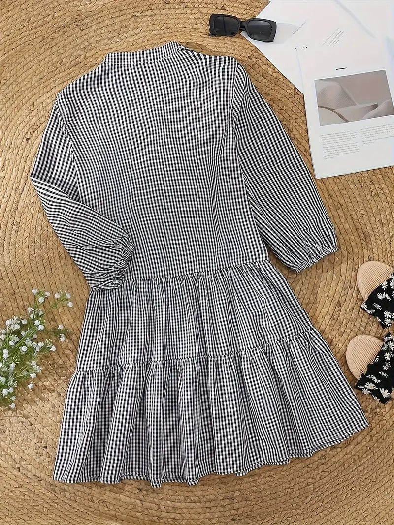 Rosie | Women's 3/4 Sleeve Gingham Print Button-Up Mini Dress