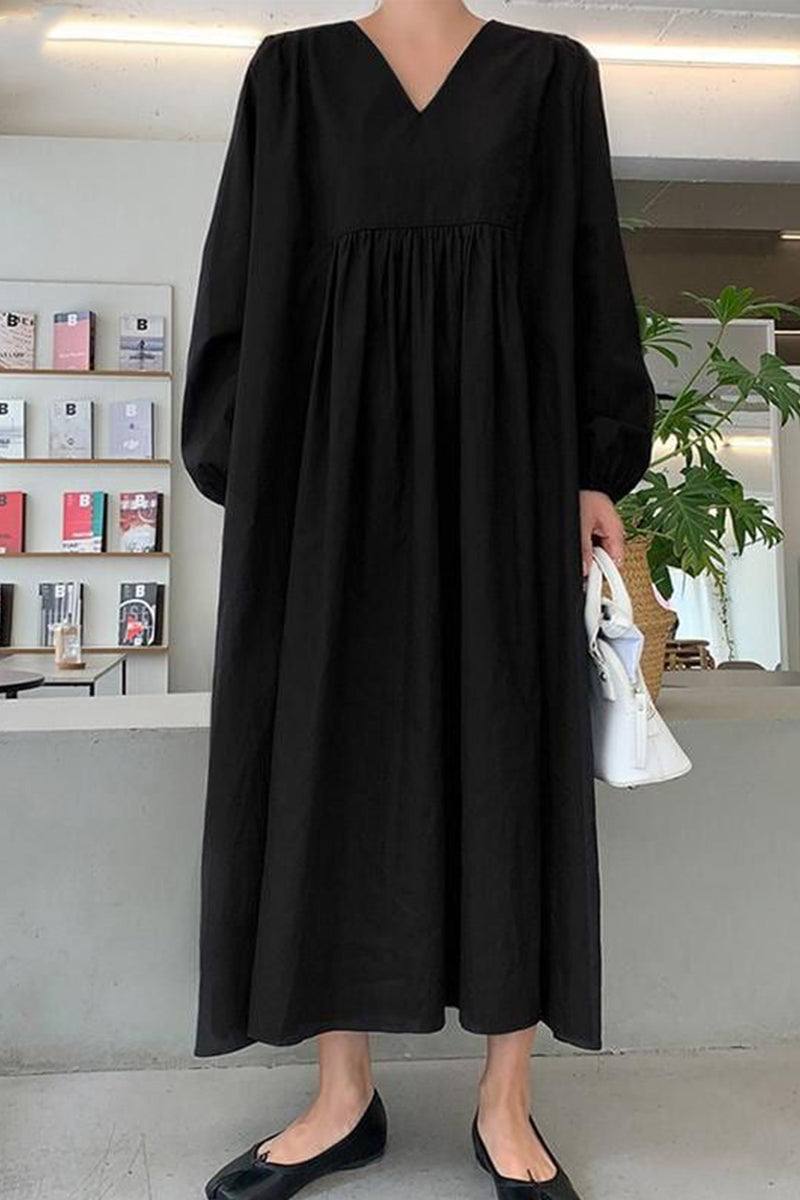 Autumn Women's Midi Dress with V-Neck, Smocked Waist, and Balloon Sleeves