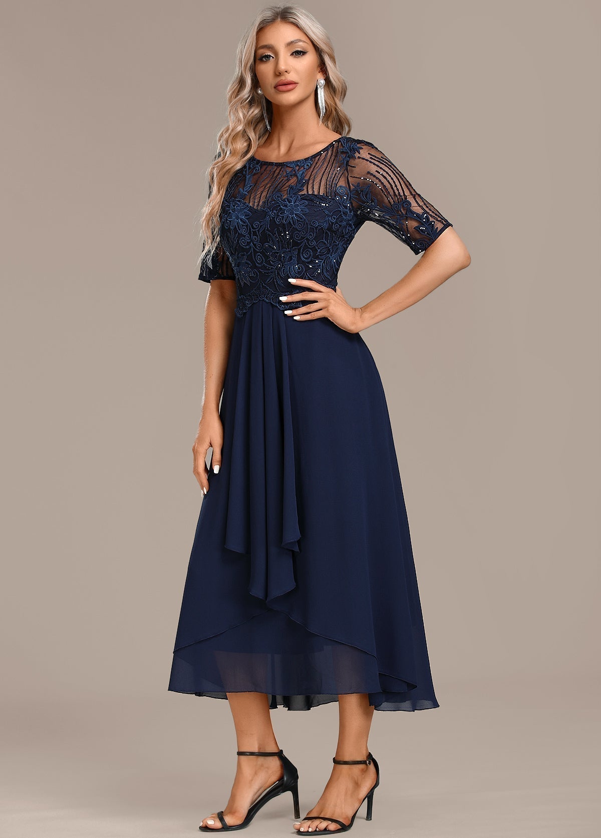 Katherine™ Navy Lace Short Sleeve Round Neck Dress