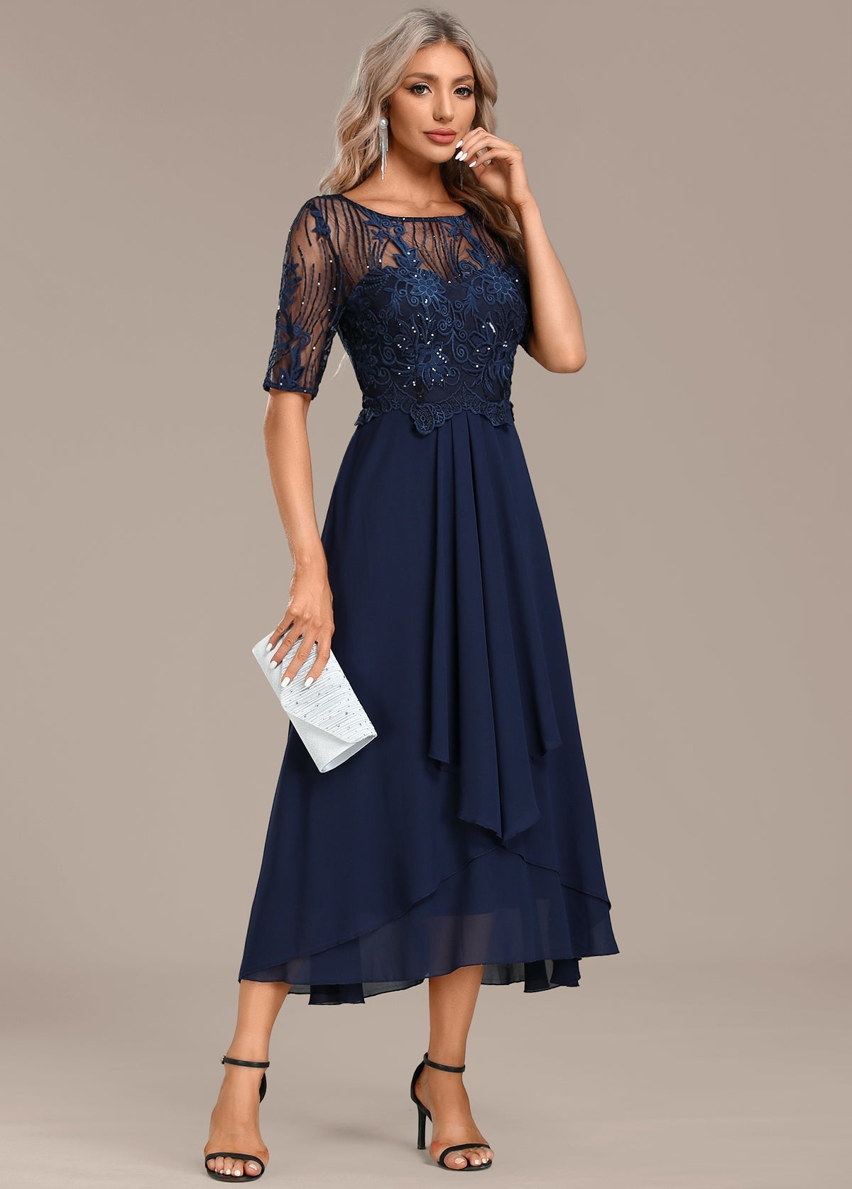 Katherine™ Navy Lace Short Sleeve Round Neck Dress