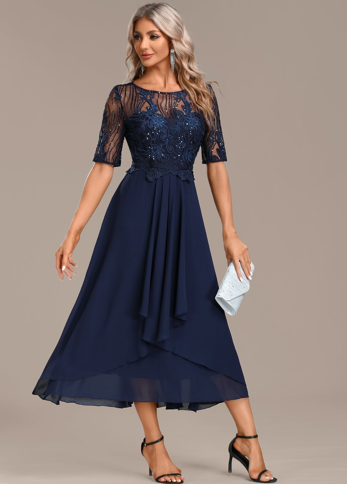 Katherine™ Navy Lace Short Sleeve Round Neck Dress
