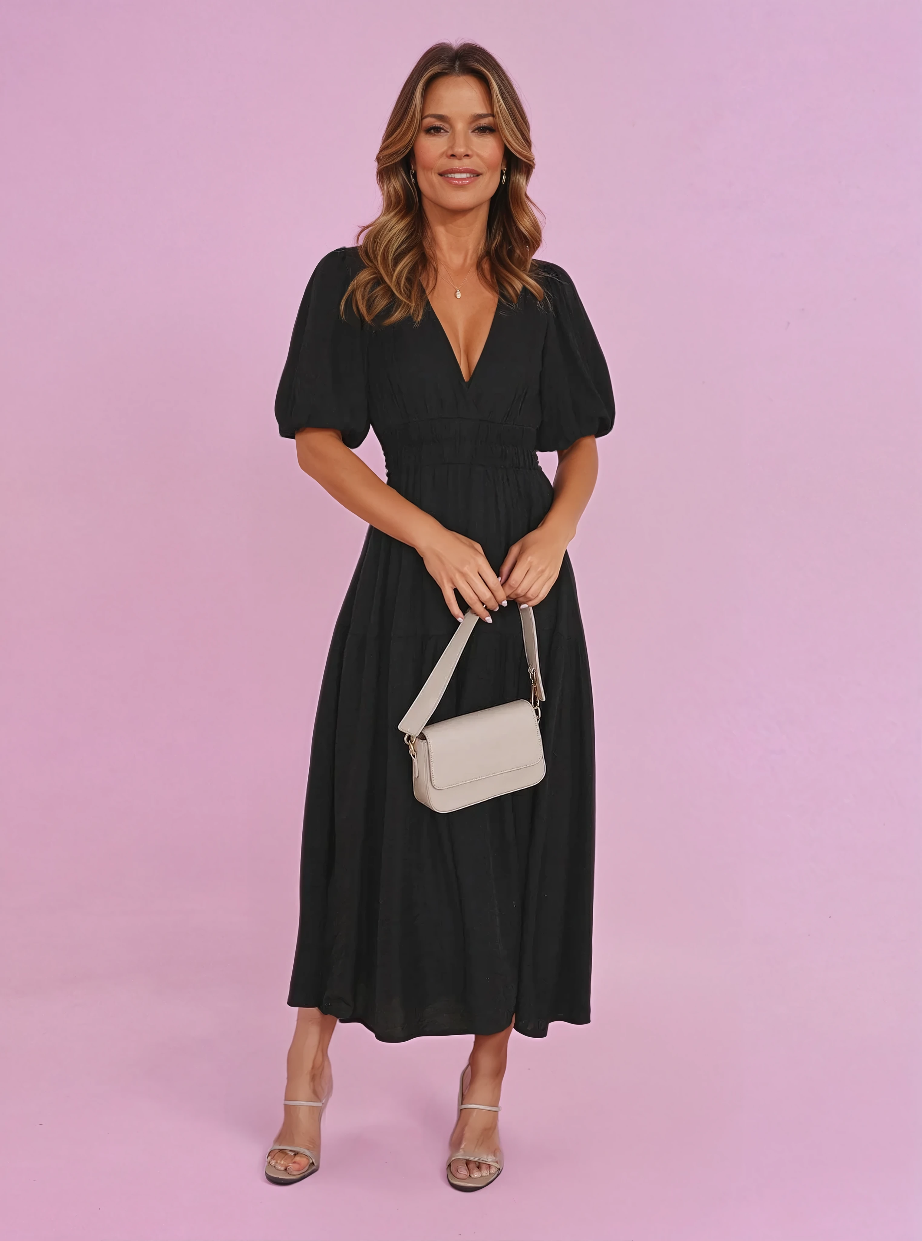 Noelle | Women's Midi Dress with V-Neck and Puff Sleeves Featuring Smocked Waist