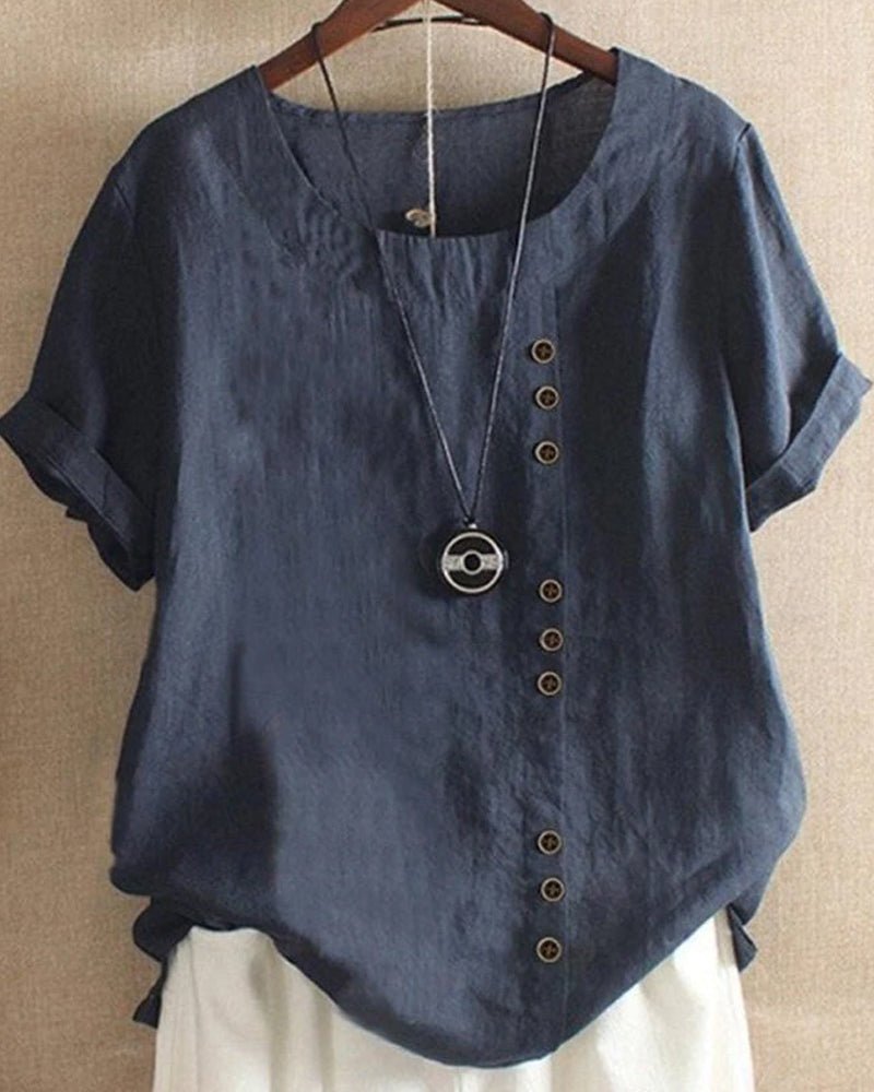 Linen Women's Casual Short Sleeve Top with Button Front and Crew Neck