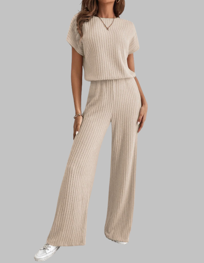 Nora | Women's Ribbed Two-Piece Set: Short Sleeve Top & Wide Leg Pants